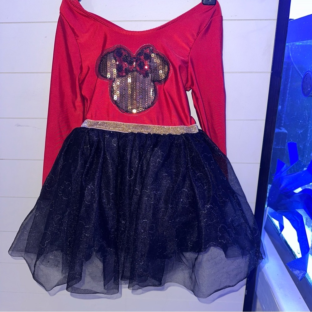 Disney Minnie Mouse Girls Red Black Sequin Tutu Dress Long Sleeve 3T